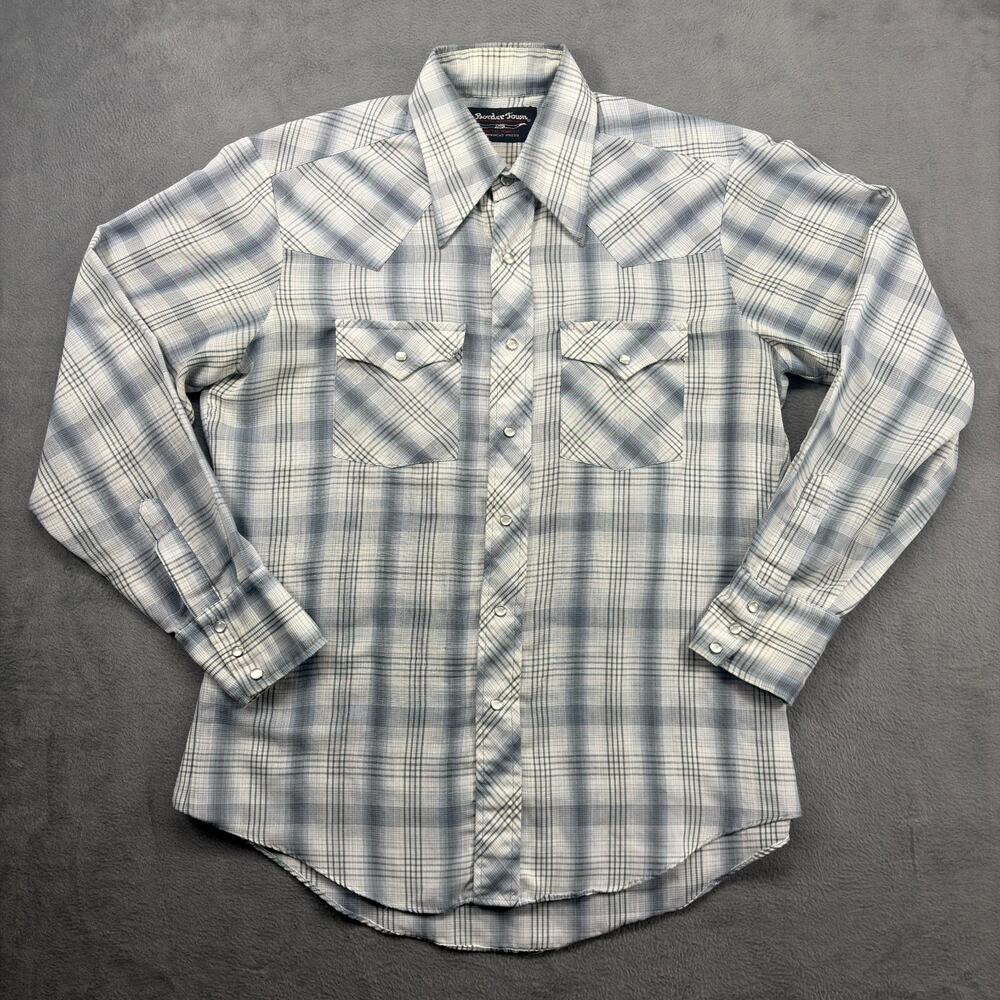 Vintage Border Town Pearl Snap Shirt Men's XL Plaid Form Fit Athletic Distressed